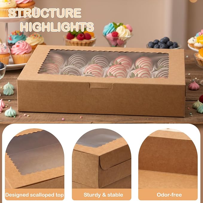 OAMCEG 24 Pack Cookie Boxes with Window, 12x8x2.5 Inch Bakery Treat Boxes for Christmas Holiday Gift Giving, Desserts, Donuts, Pastries-Brown