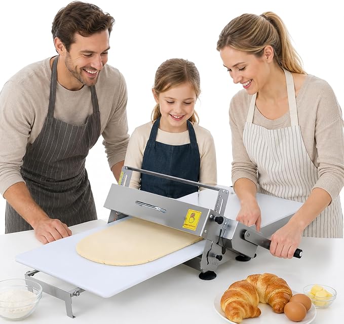 Commercial Dough Sheeter, Reversible Manual Sheeter for Puff Pastry and Fondant, Foldable Design with 0-25mm Thickness Adjustment, Stainless Steel for Bakeries and Pastries