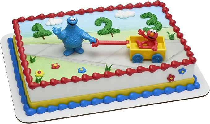 DecoSet® Sesame Street® Let's Play Cake Topper, 2-Piece Birthday Cake Decoration with Cookie Monster and Elmo in a Free-Wheeling Wagon, Ready to Use, Food Safe