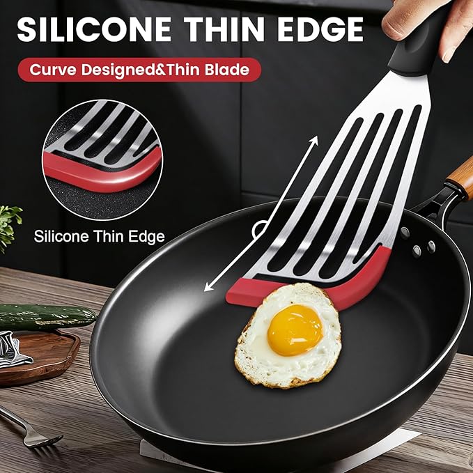 2Pcs Silicone Fish Spatula, Heat Resistant Silicone Edge for Nonstick Cookware, Fish Turner for Kitchen Use, Flexible and Thin Stainless Steel Slotted Spatula, 12.2 * 3.42 Inch, Red