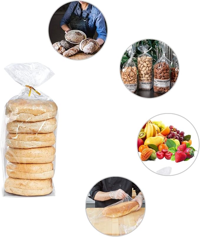 Large Bread Bags with Ties, 8 x 4 x 18", 70 Pack, Clear, Reusable, Bulk Bread Bags for Homemade Bread, Plastic Bakery Bags, Clear Bread Loaf Packing Bags (70 Pack)