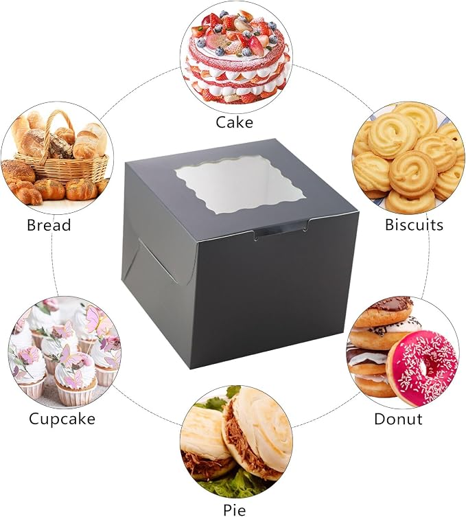 12 Pack 6x6x5 Inch Cake Boxes with Window, Black Bakery Carriers for Bento Cake, Cupcakes, Cookies, Dessert Treats – Perfect for Valentine's Day, Mother's Day Gifting