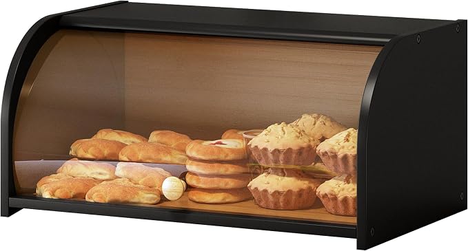 Roll Top Bread Container for Kitchen Countertop, Bamboo Bread Box with Clear Lid, Bread Container Storage（Black without cutting board）