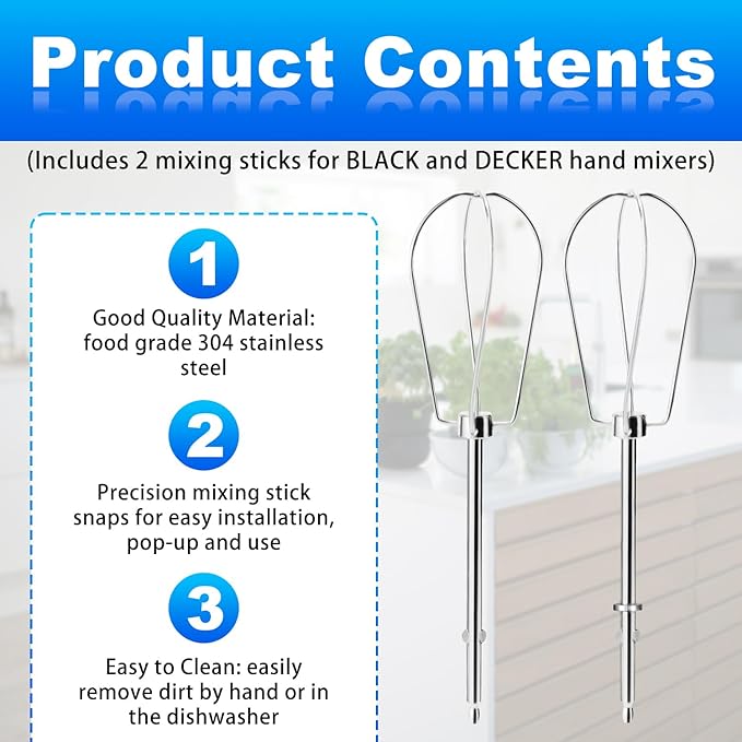 2pcs Hand Mixer Beaters Attachments Compatible with, Universal Stainless Steel Hand Mixer Beaters Replacement for Cooking and Baking Tool Accessory