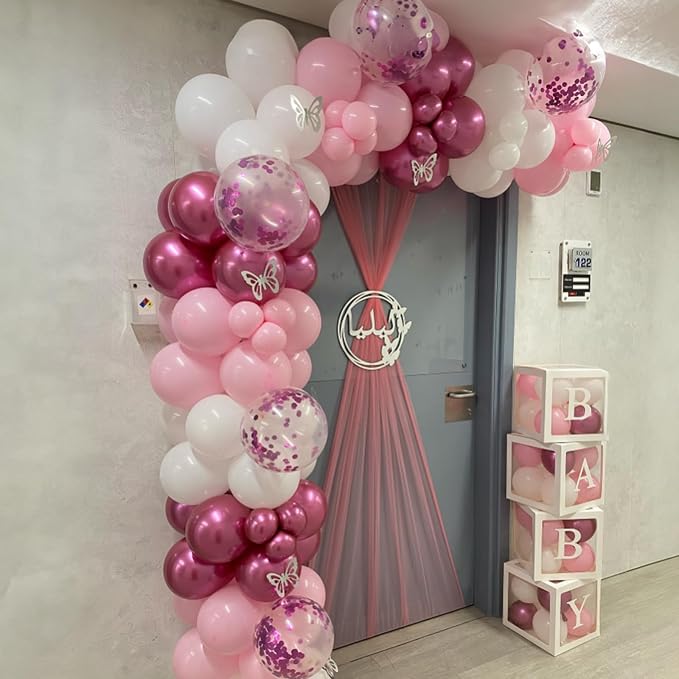 Pink Balloon Garland Arch Kit, 103 PCS Metallic Hot Light Baby Pink and Clear Balloon Bow Balloons for Girls Birthday Princess Baby Shower Wedding Party Decorations
