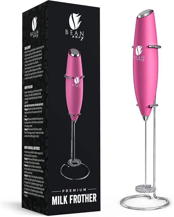 Bean Envy Milk Frother, Coffee Stirrers, Frother Wand, Milk Frother Handheld, Frother with stand, Hand Blender for Coffee, Lattes, Cappuccino, Matcha and Hot Chocolate – Kitchen Gifts (Raspberry)