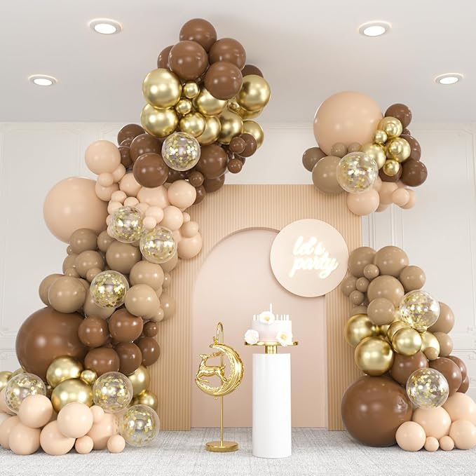 136pcs Brown Balloon Arch Kit, 18 12 10 5 inch Dark Brown Nude Gold Confetti Balloons Garland for Neutral Bear Baby Shower Safari Birthday Party Decorations Supplies