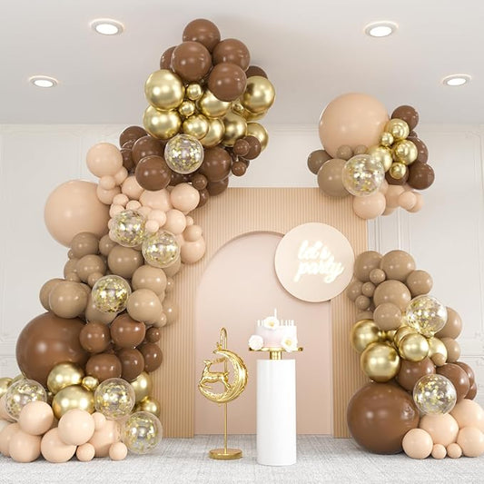 136pcs Brown Balloon Arch Kit, 18 12 10 5 inch Dark Brown Nude Gold Confetti Balloons Garland for Neutral Bear Baby Shower Safari Birthday Party Decorations Supplies