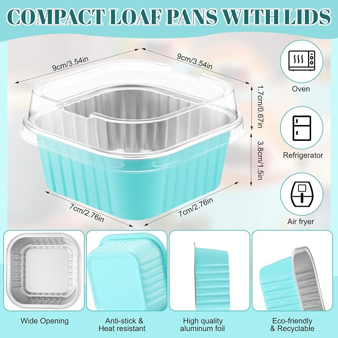 200 Pack 5 oz Mini Cake Pans with Lid, Aluminum Foil Mini Baking Tins, Square Disposable Cupcake Baking Cup Dessert Container for Wedding Birthday Party Picnic(Light Blue,Classic)
