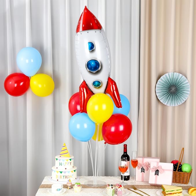 4 Sets Toy Inspired Themed Party Balloons Stand Kit With 4 Rocket Foil Balloons Toy Themed Red Blue Yellow Balloon Centerpiece for Tables for Boys Birthday Baby Shower Cartoon Party Decorations