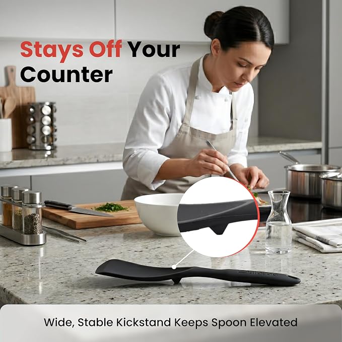 Silicone Spoon Spatula for Cooking - Multifunction Scoop Spatula Spoonula - Heat Resistant Cooking Spoon for Nonstick Cookware - Large Silicone Kitchen Spoon - Seamless Design (Black,1pc)