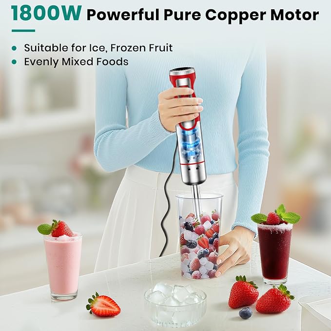 Colarlemo 1800W Immersion Blender Handheld 4-in-1 Hand Blender Stick for Ice Crushing Smoothie, Baby Food, Soup, 8 Speed Hand Mixer Turbo Boost Stainless Steel Blade with Whisk, Chopper, Beaker (Red)