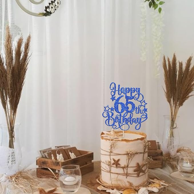 1 PCS Happy 65th Birthday Cake Topper Glitter Cheers to 65 Years Birthday Cake Pick Hello 65 Fabulous Cake Decoration for Happy 65th Birthday Anniversary Party Decorations Supplies Blue