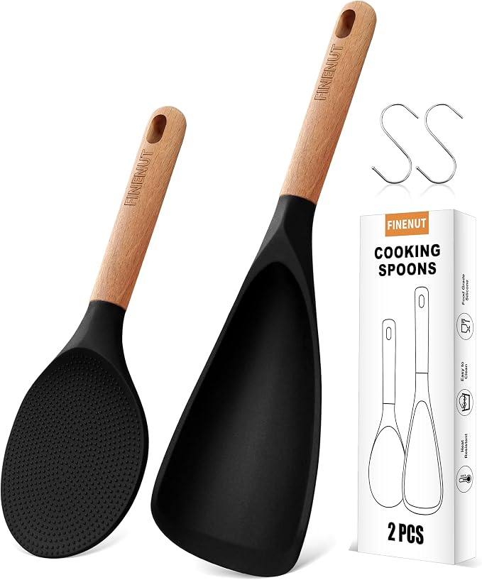 Cooking Spoon Multifunction Spoonula Silicone Spatula Spoon 2-Pack, Dual-Use Heat Resistant 446°F, BPA-Free Non-Toxic Wooden Handle Rice Spoon Set for Non-Stick Cookware & Rice Cookers (Black)
