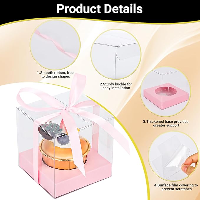 EUSOAR Plastic Clear Cupcake Holder, 24pcs 3.5 Inch Pink Single Cupcake Carrier with Ribbon and Inserts, Cupcake Carrier Storage for Cake Dessert Cupcake Boxes for Wedding Birthday Party Favor