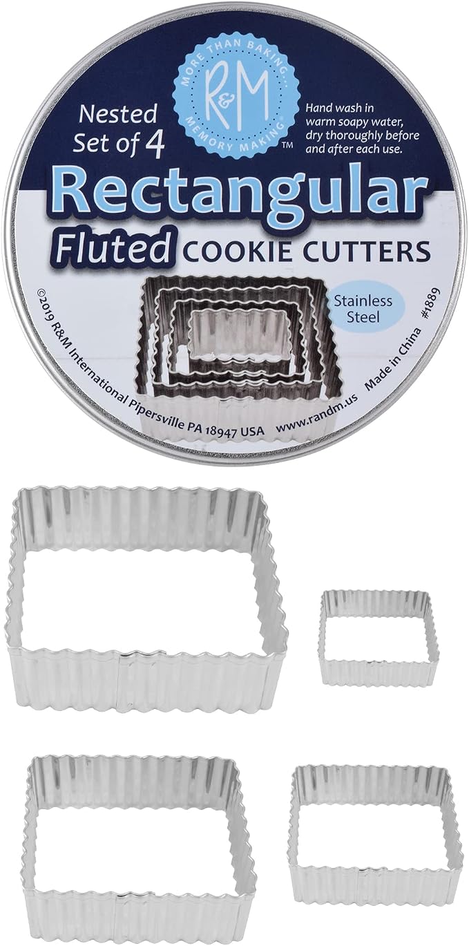 R&M International Fluted Rectangle Cookie and Biscuit Cutters, Tinplated Steel, Assorted Sizes, Set of 4