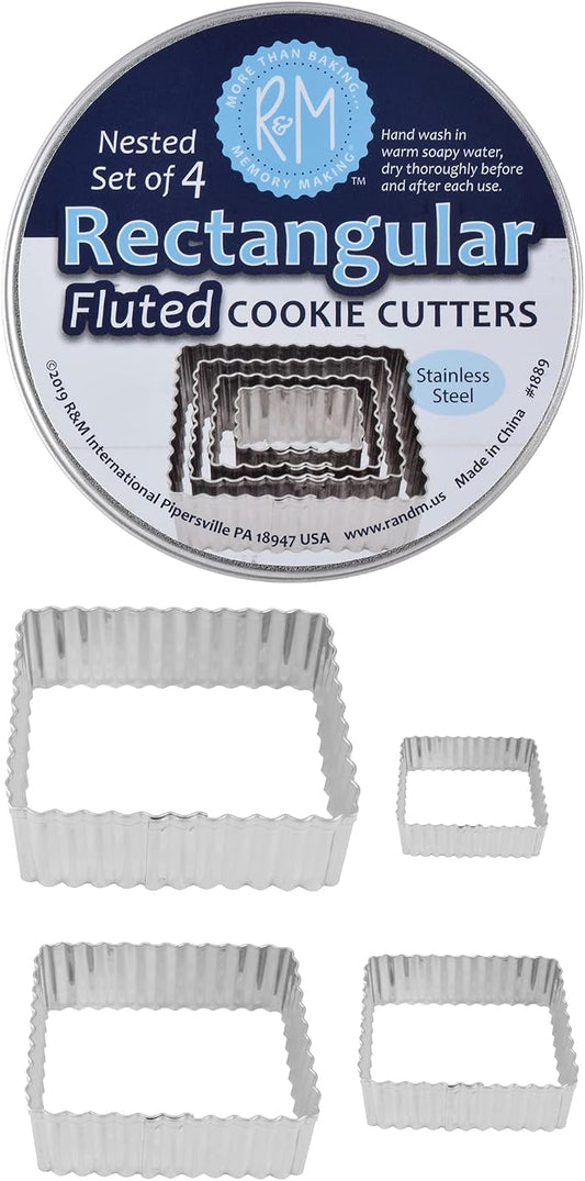 R&M International Fluted Rectangle Cookie and Biscuit Cutters, Tinplated Steel, Assorted Sizes, Set of 4