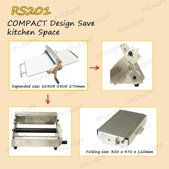 Commercial & Home Use Hand Crank Dough Sheeter Machine,Rs201 Adjustable Thickness (0-27mm) for Croissants,Pizza, Pasta,Foldable Stainless Steel Pastry Roller with Non-stick Pp Panel,RS201