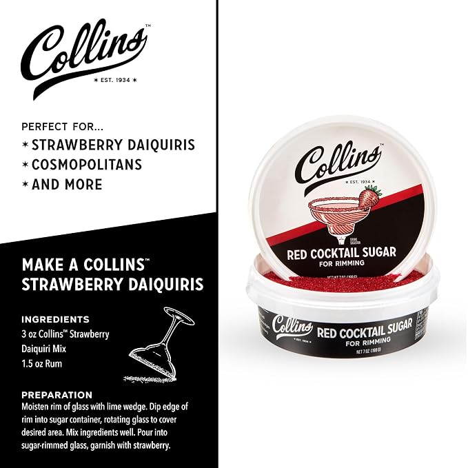 Collins Red Cocktail Sugar, Enhance Daiquiris, Cosmopolitans, Margaritas, Cocktail Drinks, Glass Rimming Sugar for Cocktails 7oz