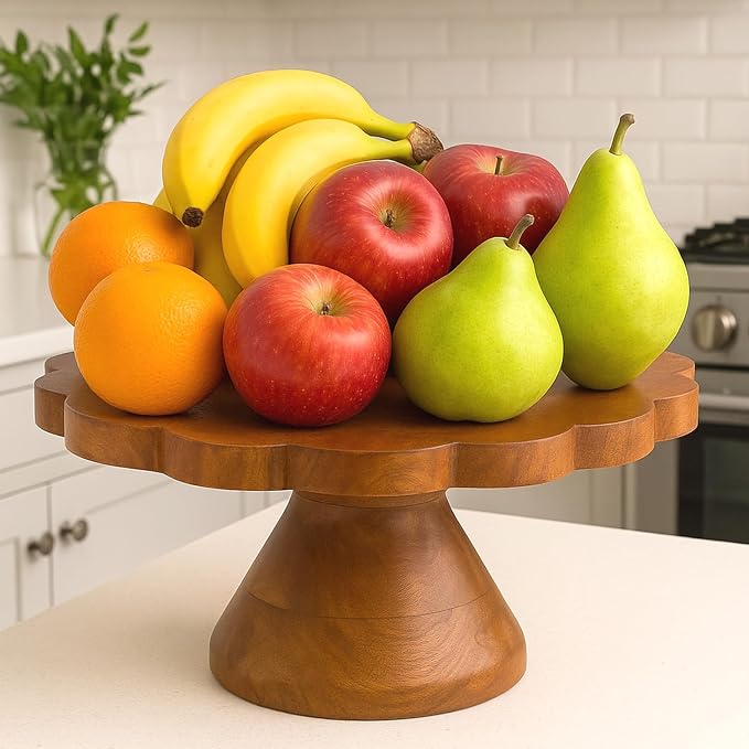 Mela Artisans 12" Mango Wood Cake Stand 5" Tall with Wooden Pedestal – Medium Polish Riser Designed for Birthday Cake and Cookie Display, Cupcake Stand & Decorative Trays