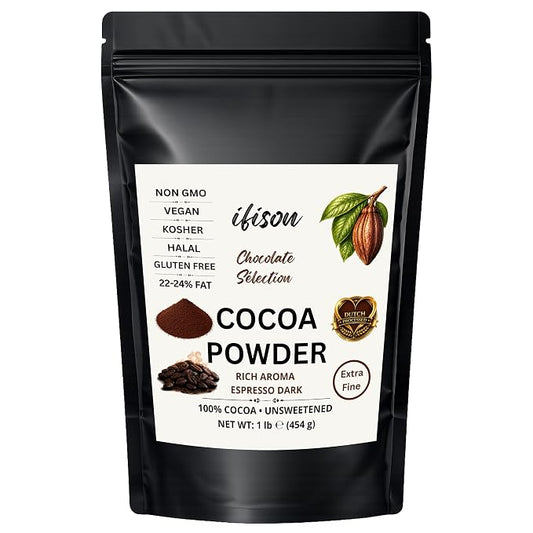 ifison Dutch Processed Cocoa Powder Unsweetened Espresso Dark Chocolate 1lb | Extra Fine French Cocoa, Enhanced Aroma, Perfect for Baking, Frostings, Hot Chocolates, Ice Creams, Smoothies - Gluten Free
