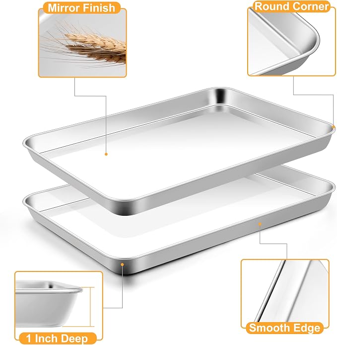 TeamFar Baking Pan with Rack Set (2 Pans + 2 Racks), Stainless Steel Cookies Sheet Baking Tray Pan with Grid Cooling Rack for Toaster Oven, Healthy & Heavy-Duty, Dishwasher Safe, 12.5 x 9.5 x 1 Inch