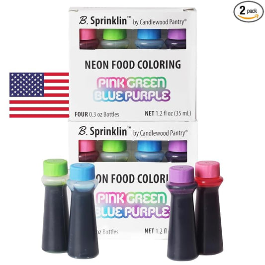 Candlewood Pantry B. Sprinklin Neon Liquid Food Coloring Kit Set of 4 - Pink, Green, Purple, Blue - Vibrant Food Dye for Slime Crafts, Eggs, Frosting and Cake Decorating 0.3 fl oz (Pack of 2)
