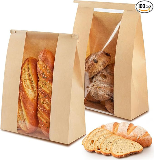 Ohuimrt Large Paper Bread Bags for Sourdough Bread, 100 PCS | 13.7 x 8.2 x 3.5 Inches,with Tin Tie Tab Lock, Bakery Bags with Window, Homemade Bread Loaf Bags