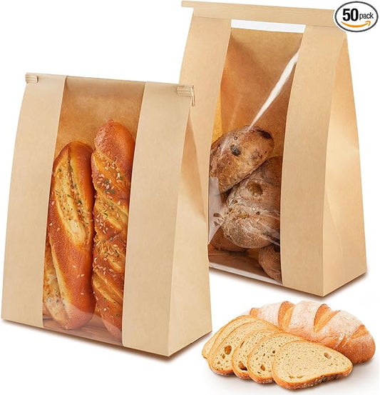 Ohuimrt Large Paper Sourdough Bread Bags with Tin Tie Tab Lock, 50 PCS | 13.7 x 8.2 x 3.5 Inches, Resealable Bakery Bags With Window, For Homemade Bread Loaf