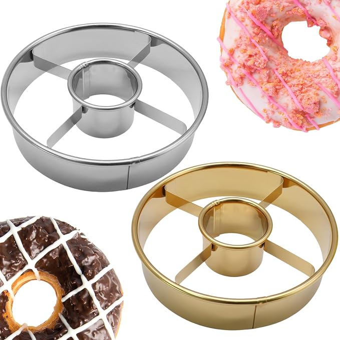 2 Pack Stainless Steel Donuts Cutter Set, 3.86 Inch Professional Baking Tool with 1.38 Inch Center Hole for Perfect Homemade Donuts, Silver & Gold
