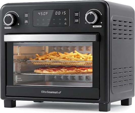 Elite Gourmet EAF9320 23L Air Fryer Toaster Oven, 10-in-1 Digital Convection Countertop Oven, Dual Fan Speeds, Air Fry, Bake, Broil, Toast, Dehydrate, 1600W w/Air Fry Rack, Bake Rack & Pan, Black