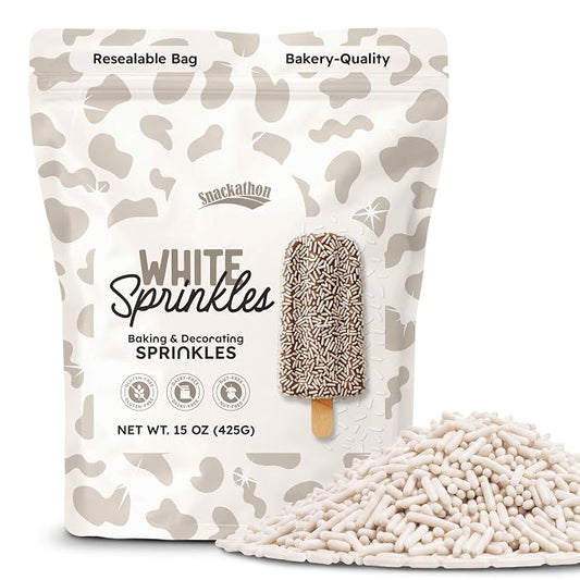 Snackathon White Sprinkles for Baking & Decorating, 15 oz Classic White Jimmies in Resealable Pouch – Gluten Free Sprinkles for Ice Cream Toppings, Cakes, Cupcakes & Desserts