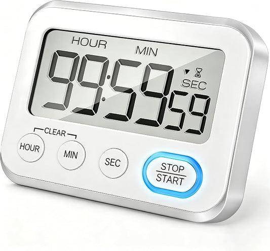 Digital Kitchen Timer Magnetic Loud Alarm, Large LCD Screen Silent/Beeping Multi-Function for Teachers Classroom Kids, Silver