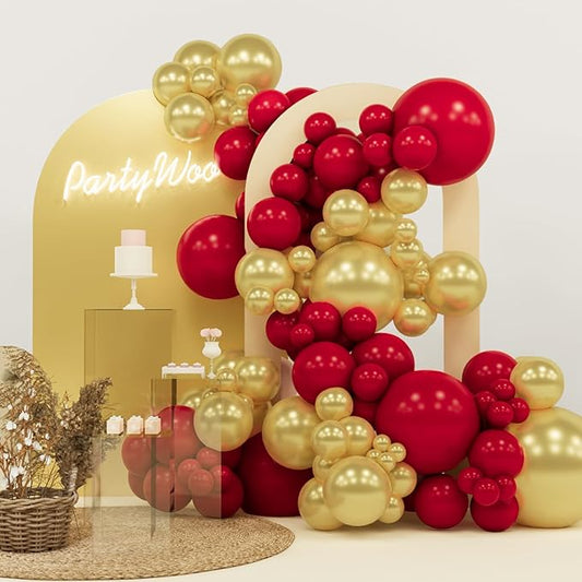 PartyWoo Red and Gold Balloons, 140 pcs Ruby Red and Gold Balloons Different Sizes Pack of 18 Inch 12 Inch 10 Inch 5 Inch for Balloon Garland or Balloon Arch as Birthday Decorations, Party Decorations