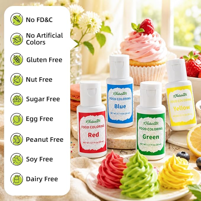 Natural Food Coloring - FD&C & Artificial Dye Free Formula Color 4x20ml Large Bottle Natural Food Dye Set for Icing Frosting Cake Baking Easter Egg Fondant Cooking Decorating - 0.7 Fl. oz/Bottles