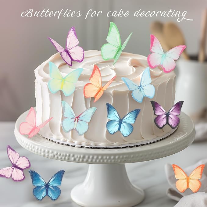 48Pcs Edible Cake Toppers, Wafer Paper Butterfly Cake & Cupcake Decorations Colorful Butterflies for Wedding Birthday Party Cake Cupcakes Decorating