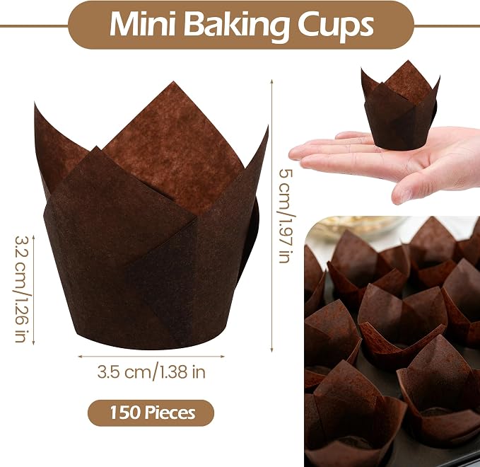 Ruisita 150 Pcs Mini Cupcake Liners Muffin Liners Baking Cups | Tulip Cupcake Liner for Baking Wedding, Birthday, Baby Shower Parties, Brown