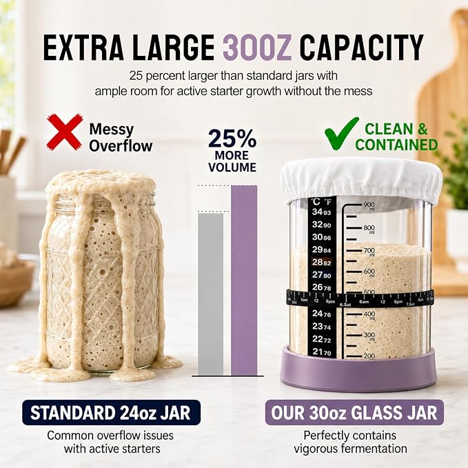 Sourdough Starter Kit, 9" Proofing Basket with 30oz Jar & Purple Lid | 9" Wood Pulp Banneton Bread Basket Reduces Sticking, 30oz Glass Jar with Lid Keeps Fresh, For Home Baking, Beginners & Pros