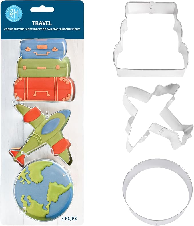 R&M Honeymoon, Adventure, Travel Cookie Cutter 3 Piece Set. Includes Suitcases, Airplane, Globe Cookie Cutter.