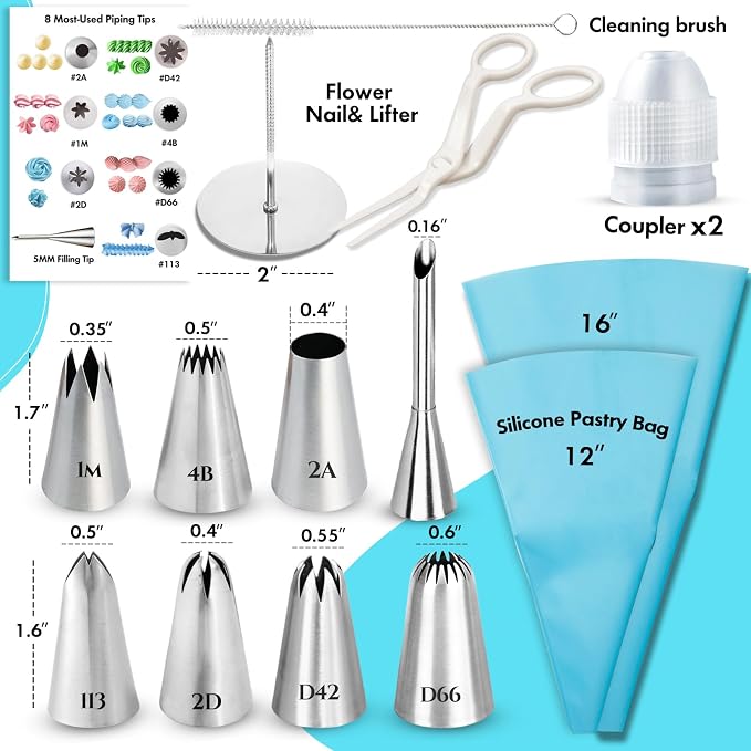 15PCS Stainless Steel Piping Tips Set - Cake Decorating Kit with 8 Nozzles, 2 Bags + Tools