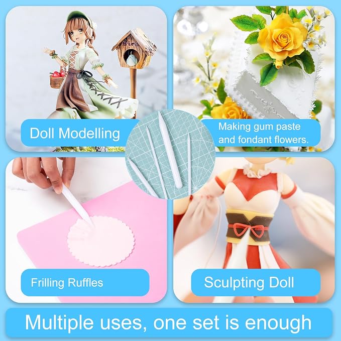 KALAIEN Gumpaste Fondant Decorating Tool, 7PCS Fondant Modeling Tools, Fondant Carving Sculpting Pen, Frilling Ruffles Rolling Pin Sets Fondant Tools