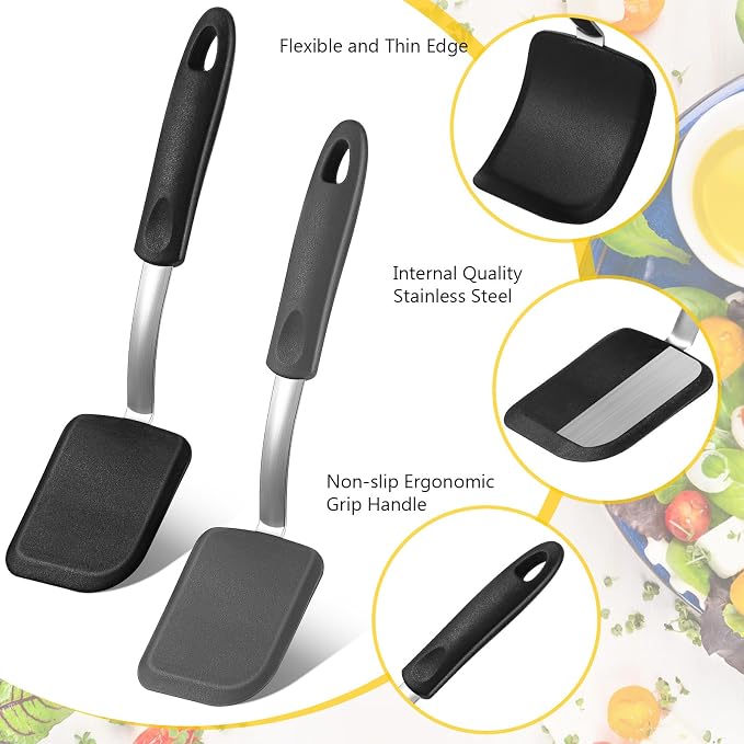 Silicone Cookie Spatula Turner 2 Pack Mini Brownie Spatula Flexible Kitchen Small Silicone Turner for Nonstick Cookware Heat Resistant No Scratch Flipper for Pancake(Solid Flat,Black, Grey)