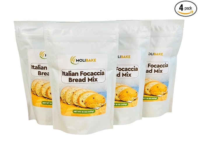 Molibake Italian Focaccia Bread Mix – Pack of 4 – Premium Artisan Italian Bread Mix for Bread Machine and Oven – 15 oz – All-Natural Gourmet Mediterranean Blend with Bell Pepper, Tomato, Onion, Garlic & Herbs – Easy Homemade Baking