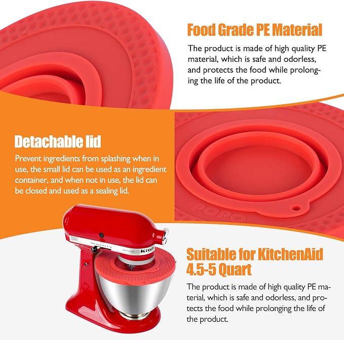 Silicone Mixers Bowl Cover Compatible with KitchenAid 4.5-5 Quart Tilt-Head Stand Mixers Bowl,with Collapsible Small Bowl(Red)