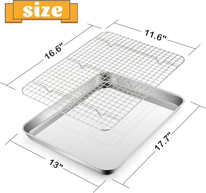Half Sheet Baking Pan with Rack Set, E-far 18”x13” Cookie Sheet for Oven, Rimmed Stainless Steel Tray with Wire Cooling Rack for Cooking Roasting Resting Bacon Meat Steak - Dishwasher Safe