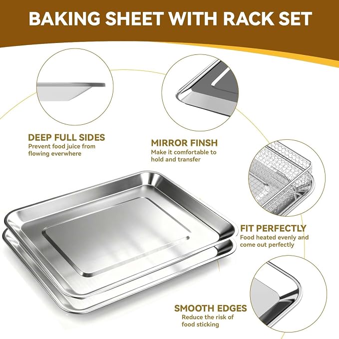 Baking Sheet Pan Set of 2, 12.4"x11" Stainless Steel Air Fryer Pan Replacement Tray for Cuisinart TOA-060 and TOA-065 TOA-70 Toaster Oven Accessories Parts for Cooking Bread and Broiling, NonStick