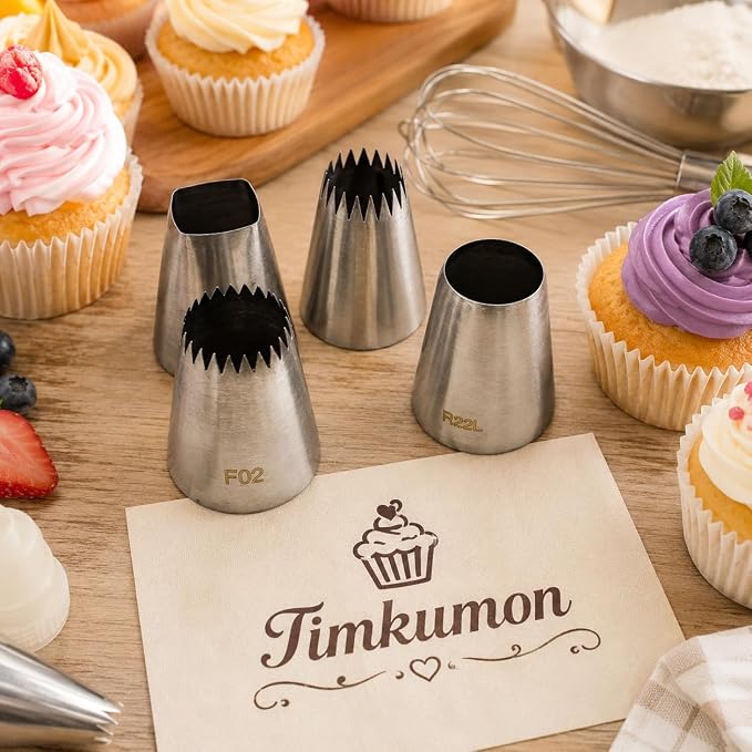 4 Pack Stainless Steel Seamless Piping Icing Tips FO2 FO6 9FT R22L, Large Piping Nozzle, Cake Decorating Tools for Cupcake Baker