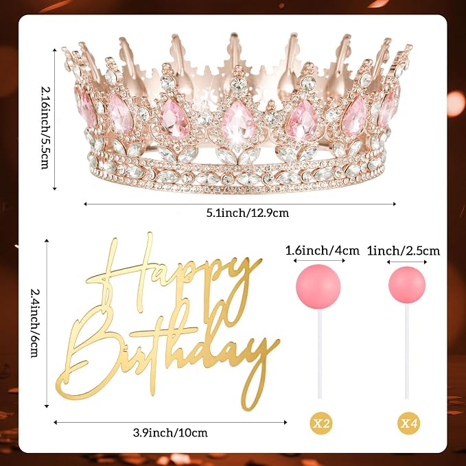 8 Pcs Pink Queen Crown Cake Topper for Women, Happy Birthday Cake Toppers Foam Balls Rhinestone Crystal Tiara Wedding Decoration for Princess Party Photo Props