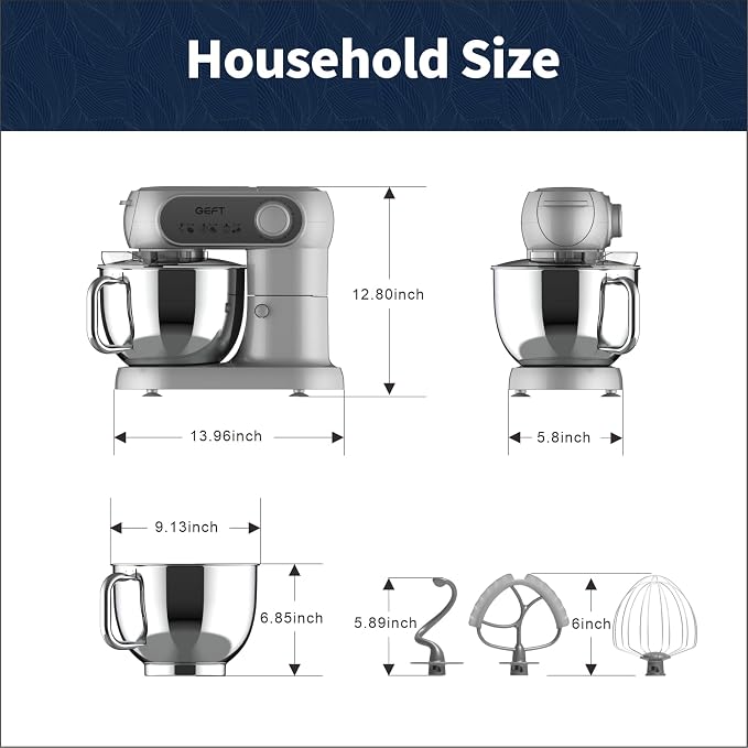 Stand Mixer, 6 QT 600W Tilt-Head Dough Mixer, 6+P speed Mixers Kitchen Electric Stand Mixer with Stainless Steel Bowl, Dishwasher-Safe Dough Hook, Flat Beater, Wire Whisk, Splash Guard, Grey