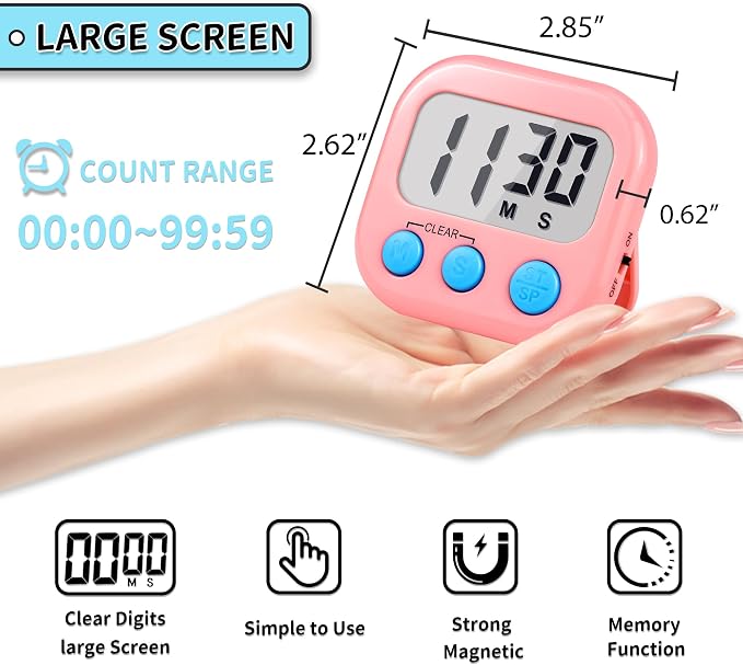 Timer for Kids Teachers Supplies Digital Kitchen Timers for Cooking Large Magnetic Classroom Timer 2Pack-Blue Pink